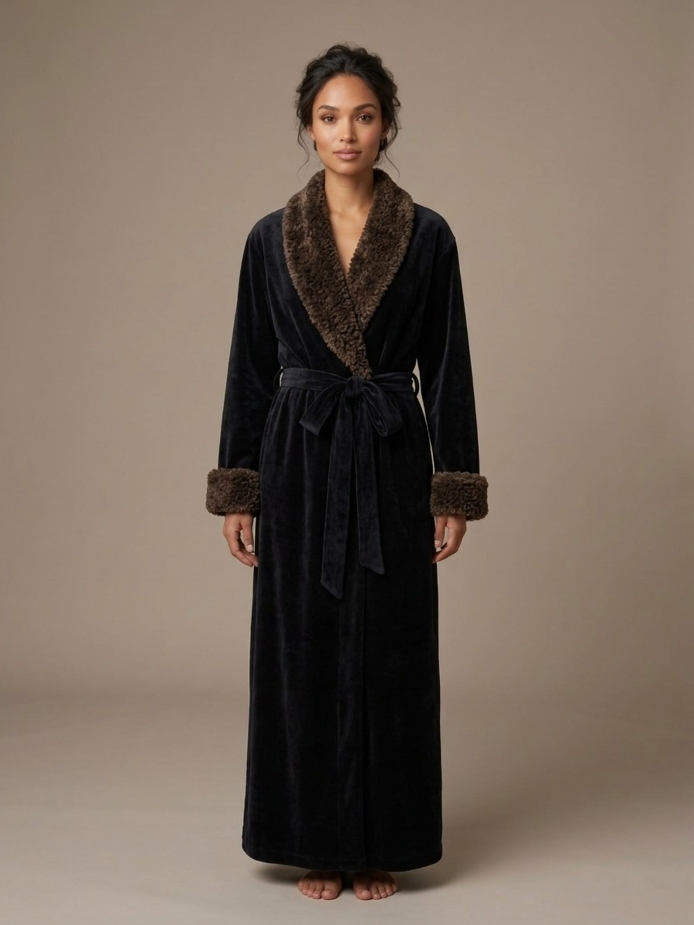 Women's Luxury Black Velvet Full-Length Robe with Faux Fur Collar & Cuffs Small